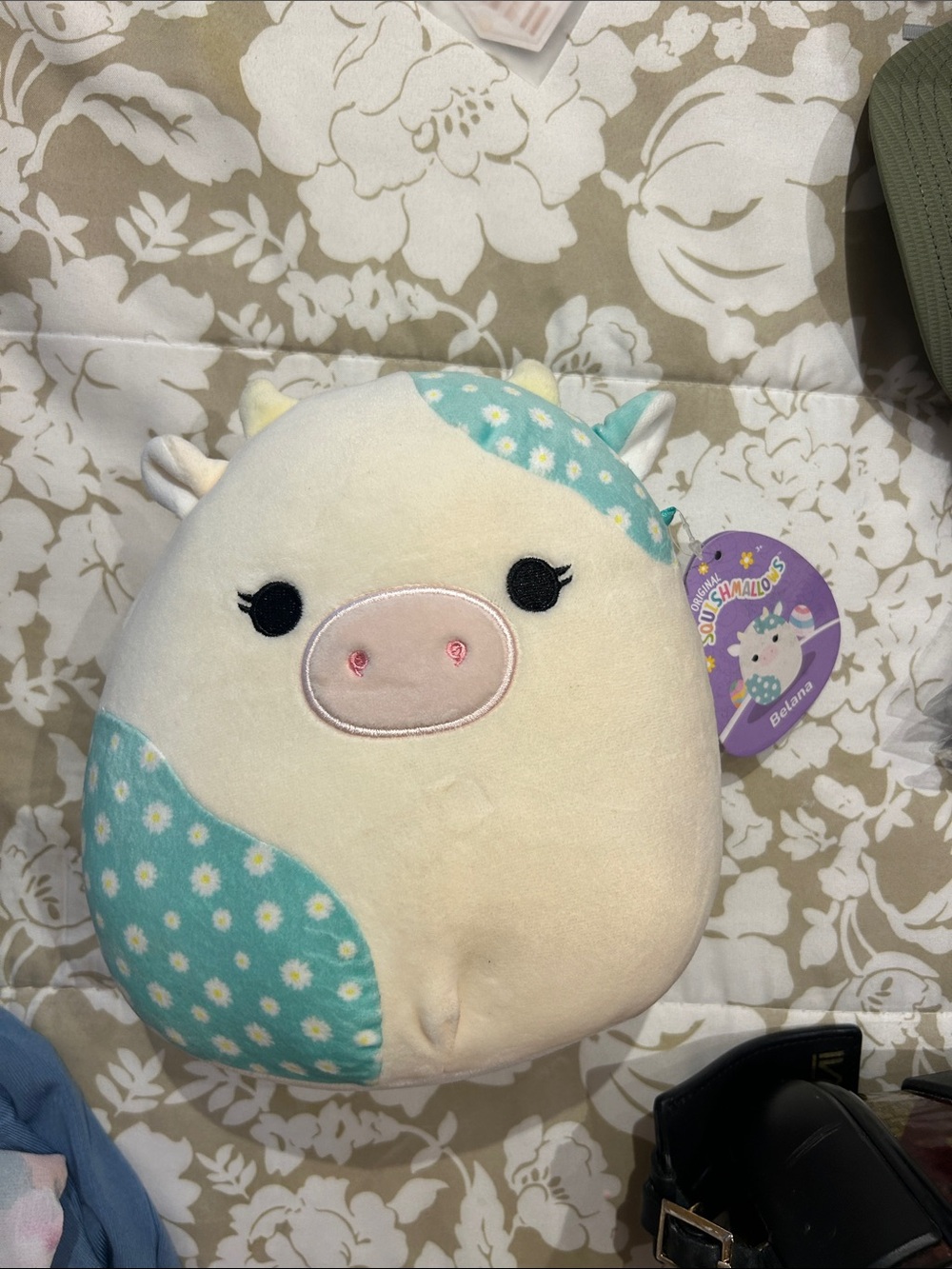Squishmallows Cream and Aqua Floral Patch Plush Pillow Belana